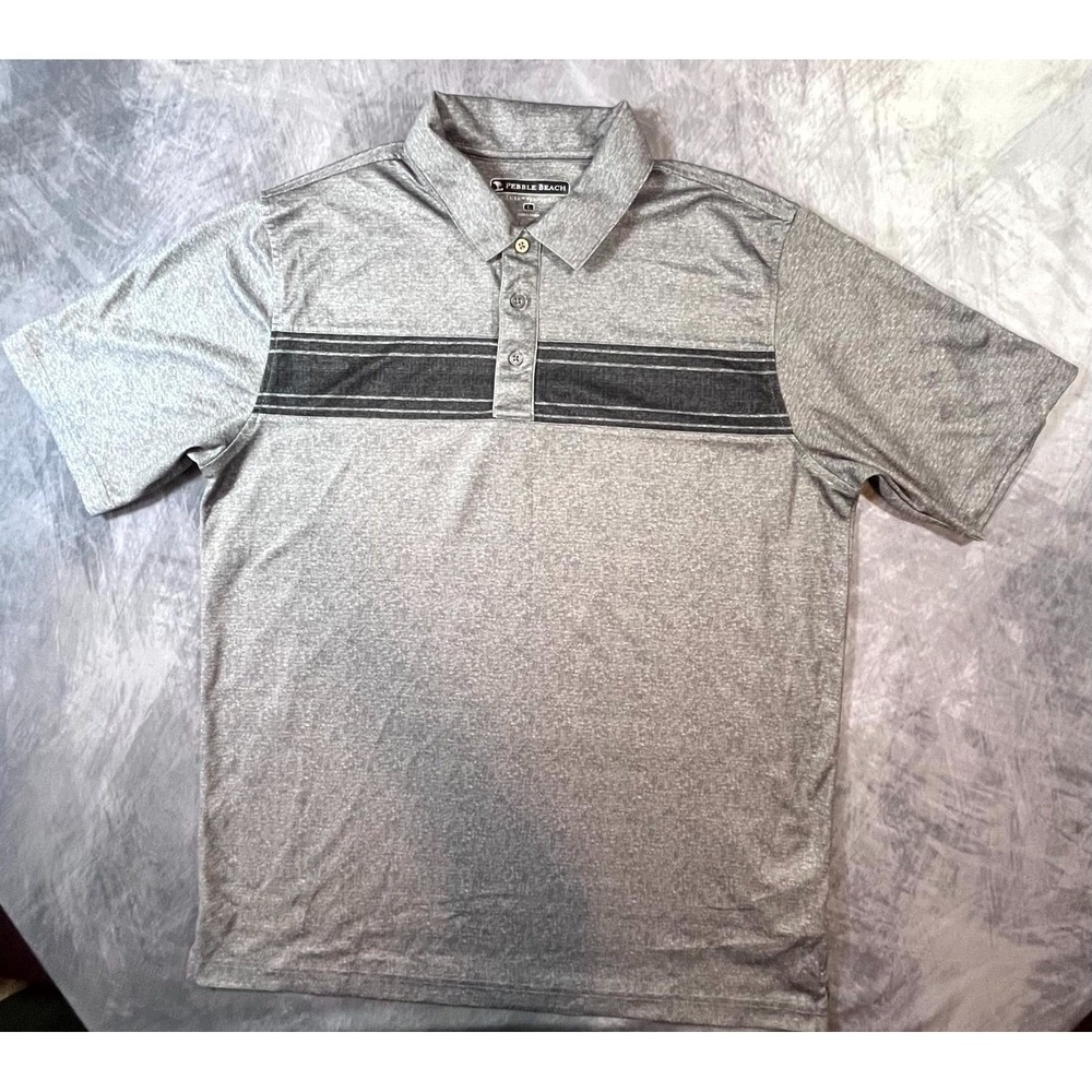 Pebble Beach Dry Luxe Polo Shirt Mens Large Gray Striped Moisture Wicking Top